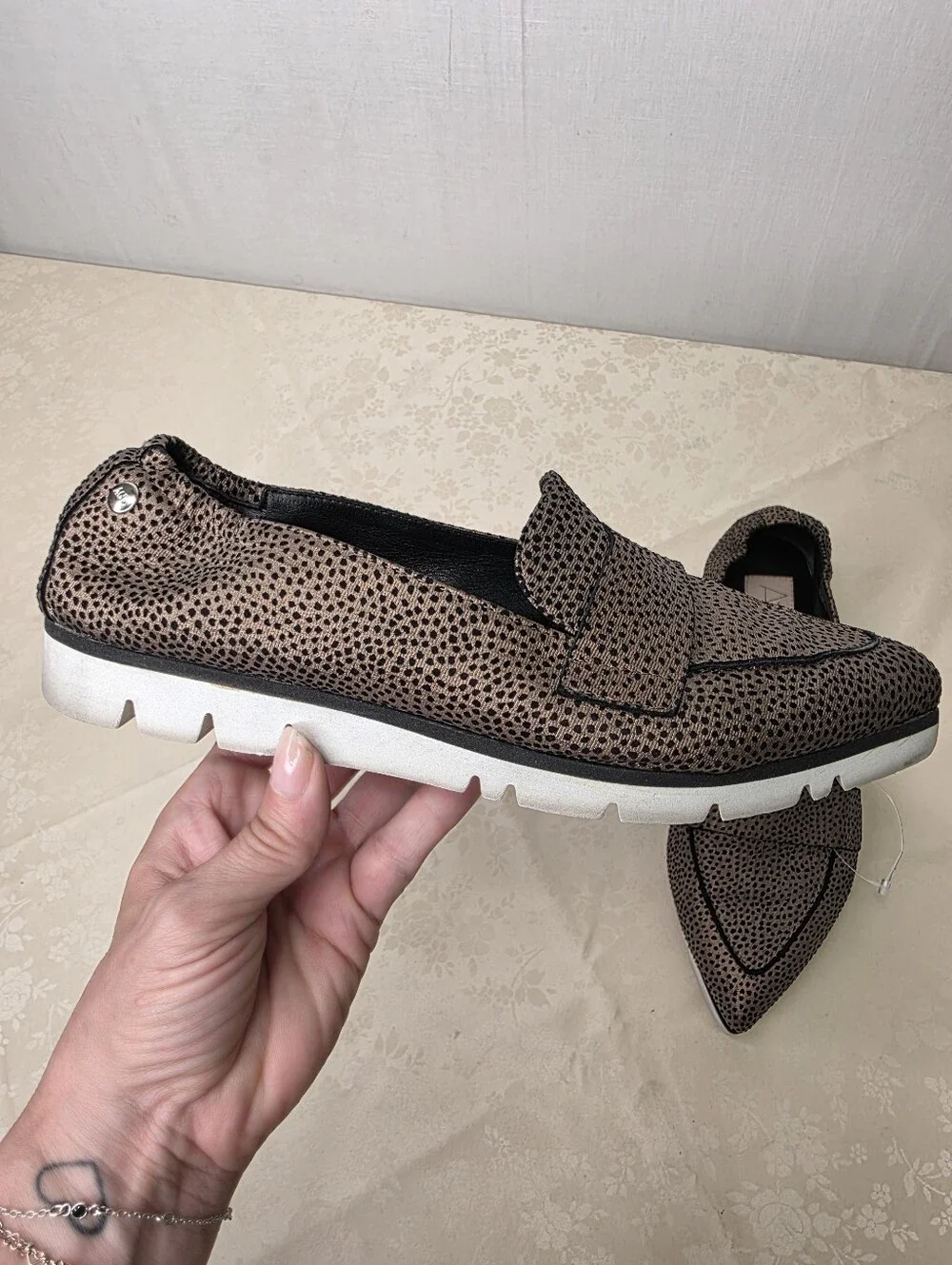 AGL Metallic Micro Leopard Print Pointed Toe Platform Loafers Italian Leather 36